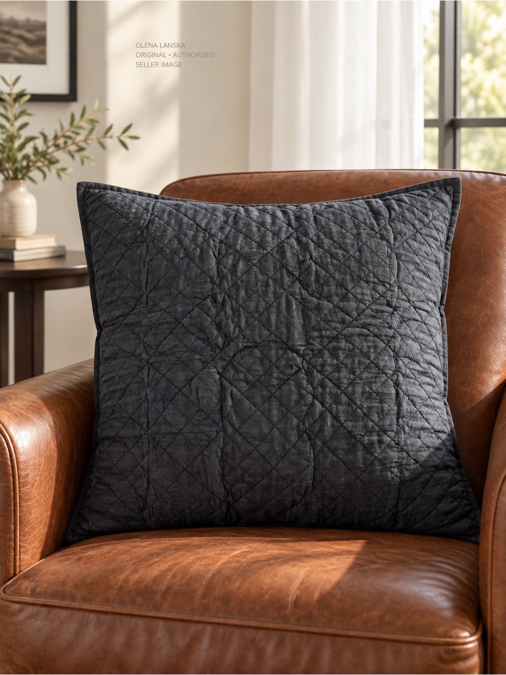 Ralph Lauren Home Quilted Euro Sham Black Cotton 26x26 Diamond Stitch NWT